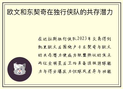 欧文和东契奇在独行侠队的共存潜力