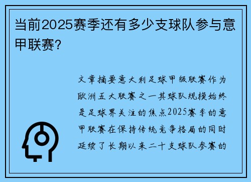 当前2025赛季还有多少支球队参与意甲联赛？