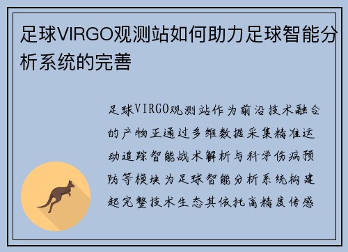 足球VIRGO观测站如何助力足球智能分析系统的完善