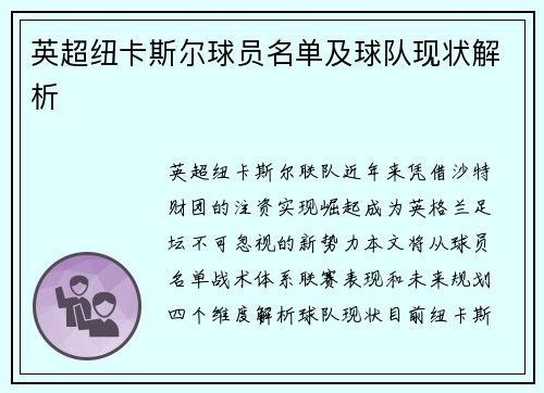 英超纽卡斯尔球员名单及球队现状解析